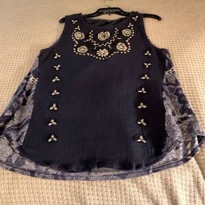 LUCKY BRAND tank top/blouse, size XL. Navy blue with embroidery and beading.